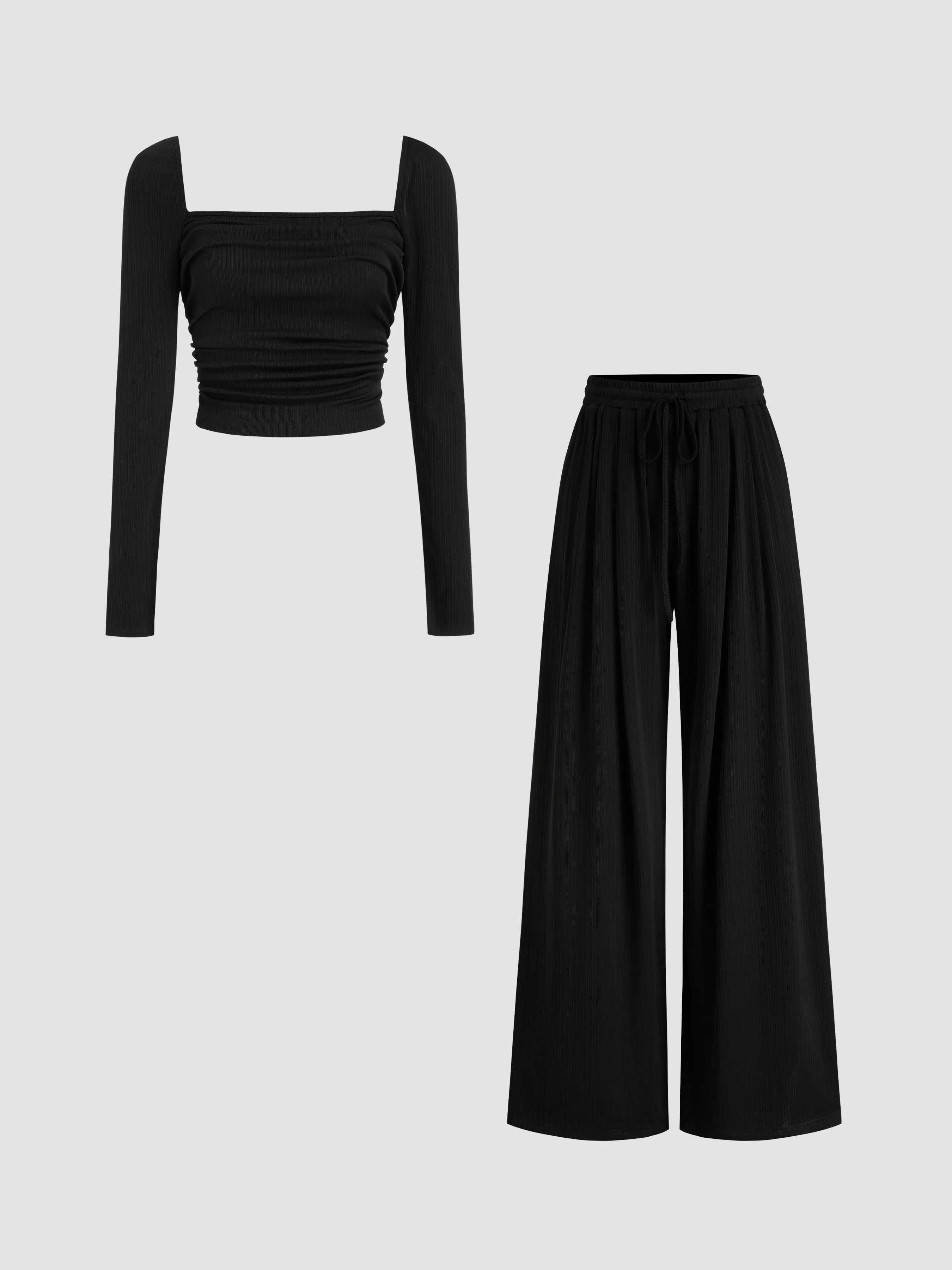 Square Neck Ruched Long Sleeve Crop Top & Mid Rise Wide Leg Trousers Set sold by Cider