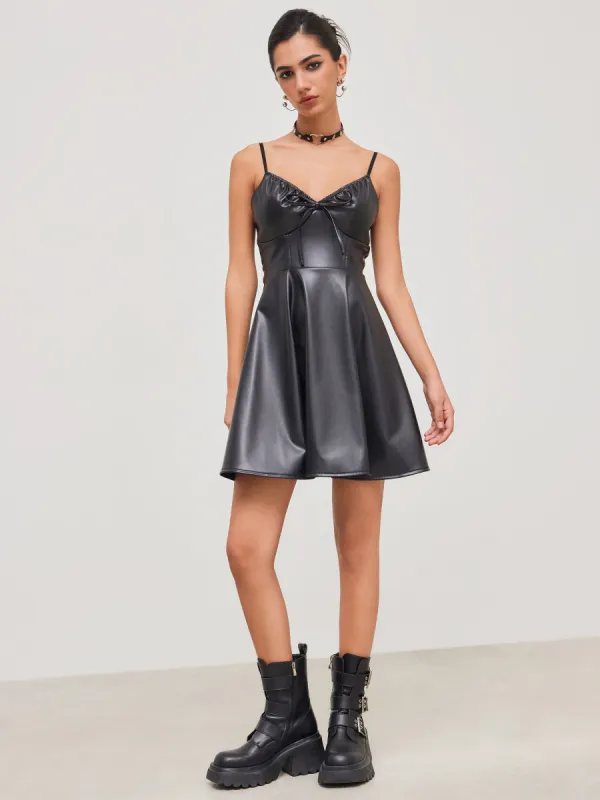 Faux Leather V-neck Solid Knotted Mini Dress sold by Cider