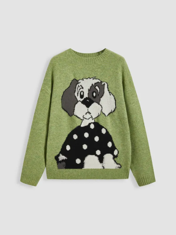 Knit Wool-blend Round Neckline Dog Pattern Oversized Sweater sold by Cider