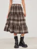 Woven High Rise Check Ruffle Tiered Maxi Skirt sold by Cider