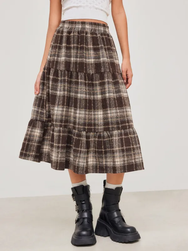 Woven High Rise Check Ruffle Tiered Maxi Skirt sold by Cider