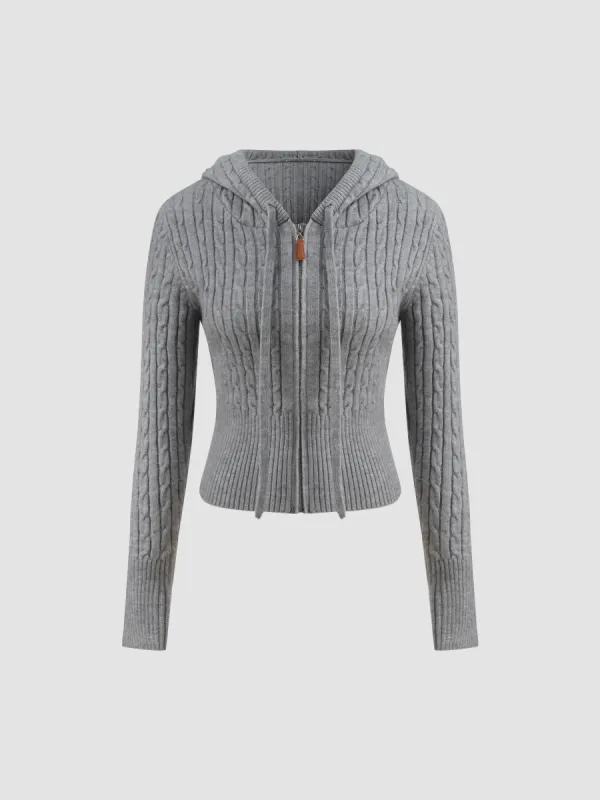 Cable Knit Hooded Solid Zipper Cardigan sold by Cider