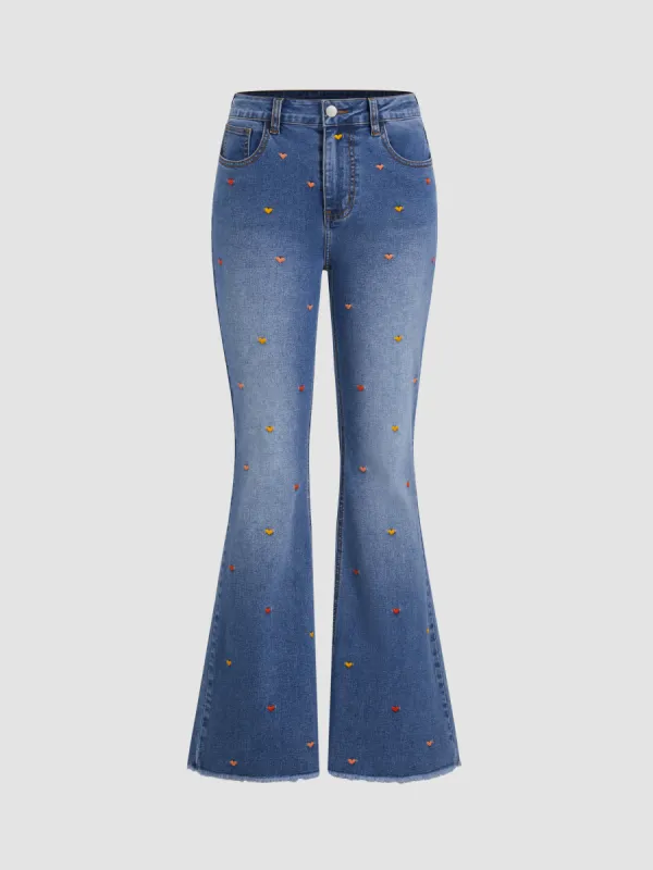 High Stretch Cider Denim Mid Rise Heart Embroidery Zipper Flared Jeans sold by Cider