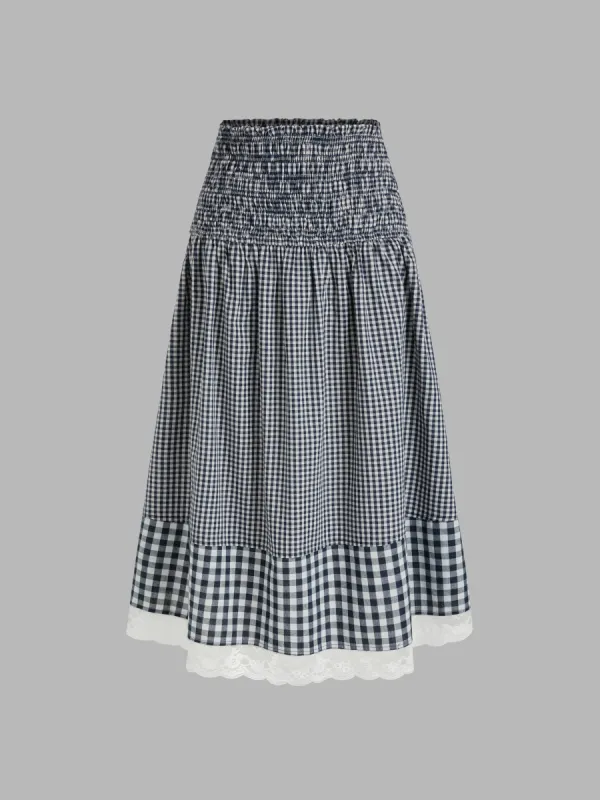 Cotton-blend Mid Rise Check Lace Trim Patched Tiered Maxi Skirt sold by Cider