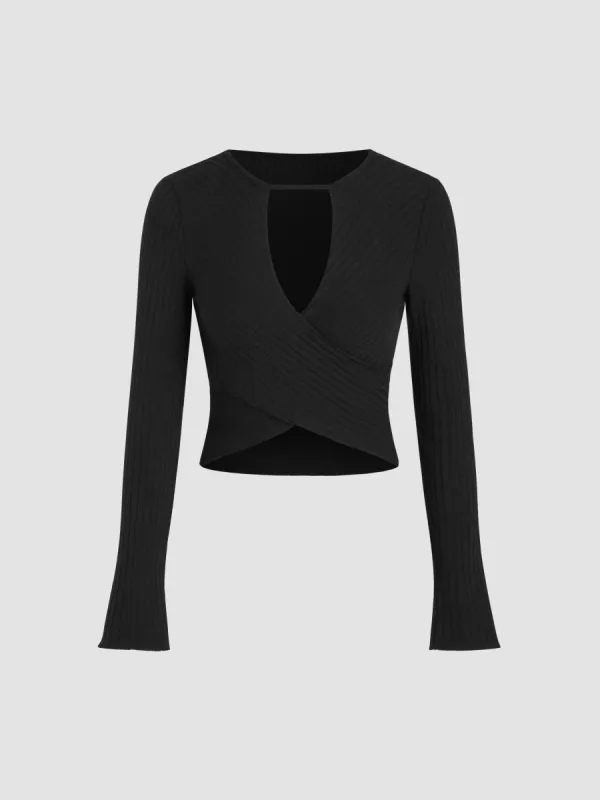 Knit Round Neckline Cut Out Asymmetrical Hem Long Sleeve Top sold by Cider