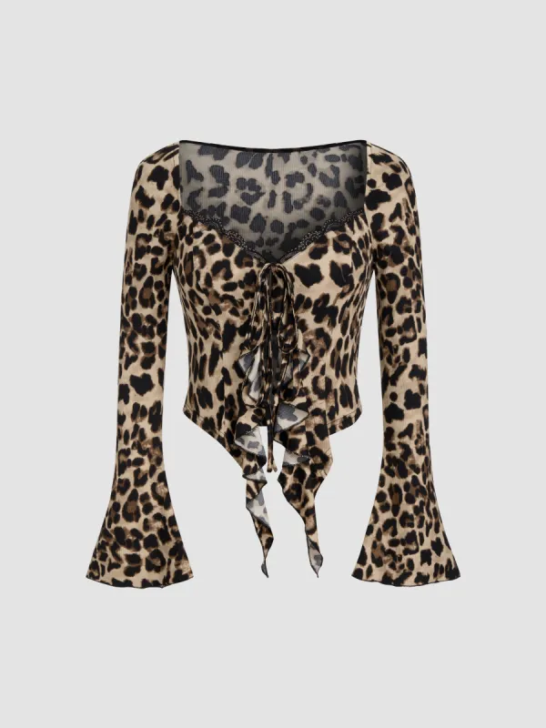 Sweetheart Leopard Knotted Ruffle Lace Long Sleeve Crop Blouse made by Cider