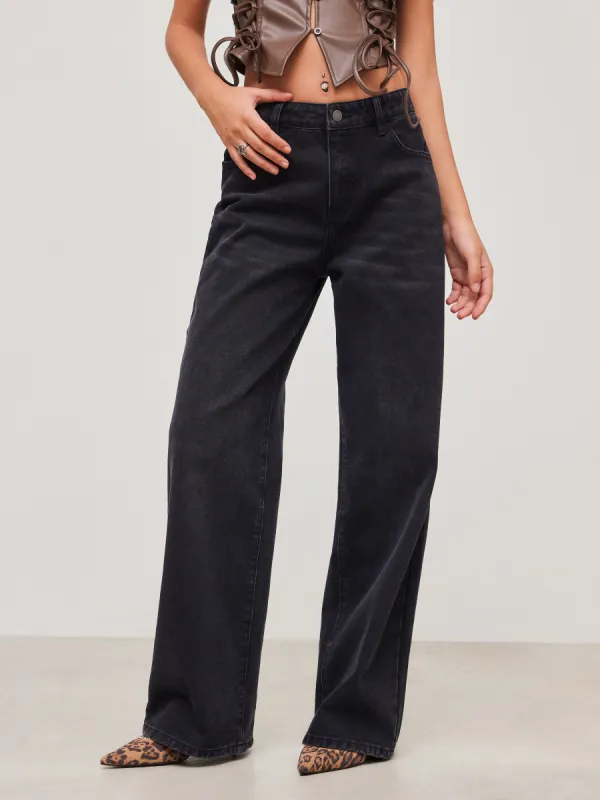 Denim Low Rise Solid Pocket Wide Leg Jeans sold by Cider