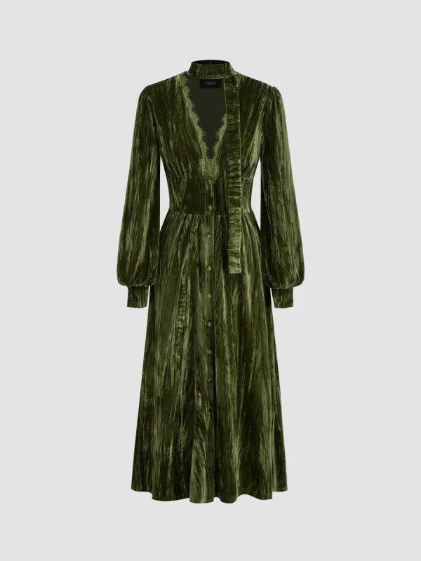 Velvet V-neck Lace Trim Button Maxi Dress With Scarf sold by Cider