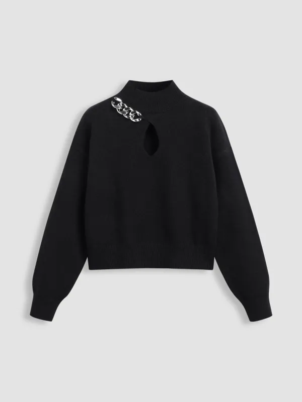 Knit High Neck Chain Cut Out Oversized Long Sleeve Top sold by Cider