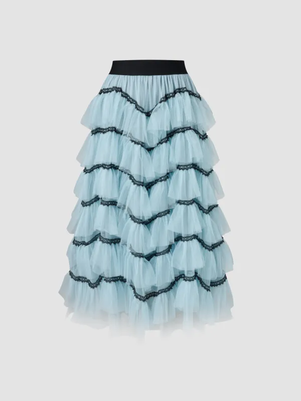 Mesh Mid Rise Contrasting Binding Tulle Layered Midi Skirt sold by Cider
