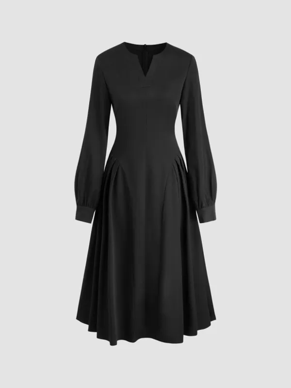 Woven V-neck Solid Pleated Pocket Long Sleeve Midi Dress sold by Cider