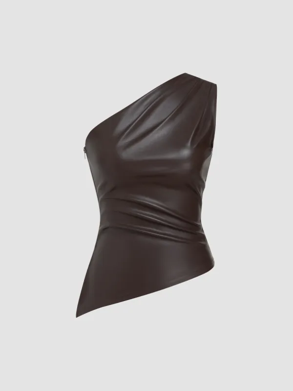 Faux Leather Asymmetrical Neck Solid Ruched Crop Top sold by Cider