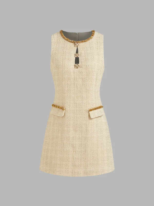 Tweed Round Neckline Pearl Button Sequin Rhinestone Trim Cut Out Mini Dress sold by Cider