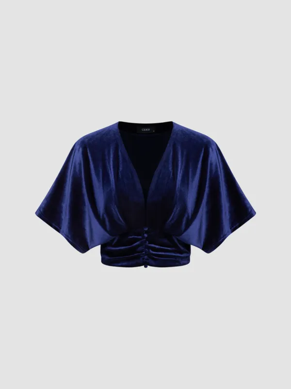 Velvet V-neck Solid Ruched Short Sleeve Crop Top sold by Cider