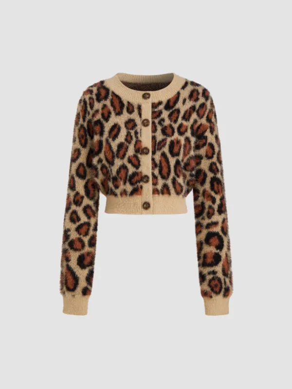 Knit Round Neckline Leopard Button Long Sleeve Cardigan sold by Cider