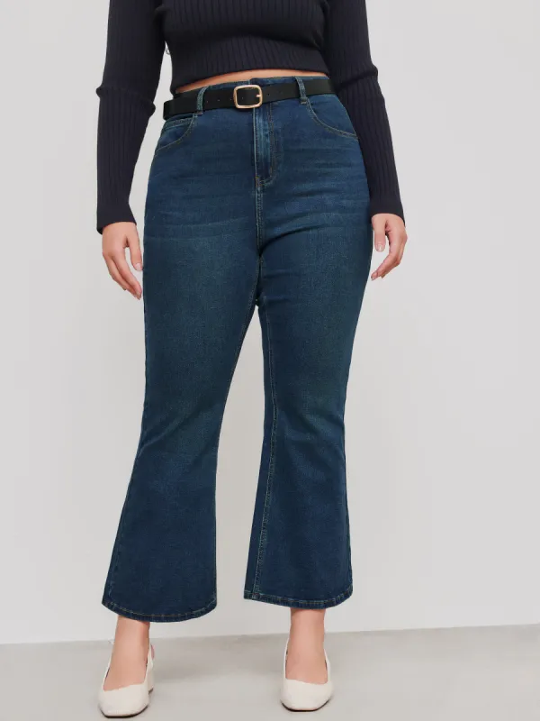 High Stretch Denim Mid Rise Solid Pocket Flared Jeans With Belt Curve & Plus sold by Cider