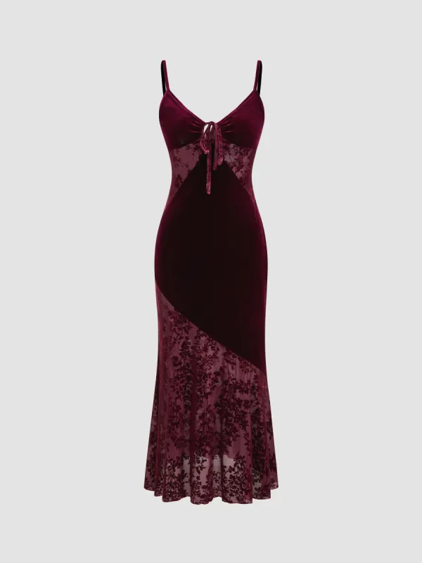 Velvet V-neck Floral Cut Out Knotted Midi Dress sold by Cider