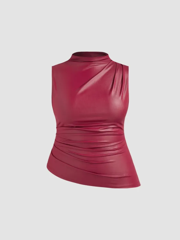 High Neck Solid Asymmetrical Hem Ruched Tank Top Curve & Plus sold by Cider