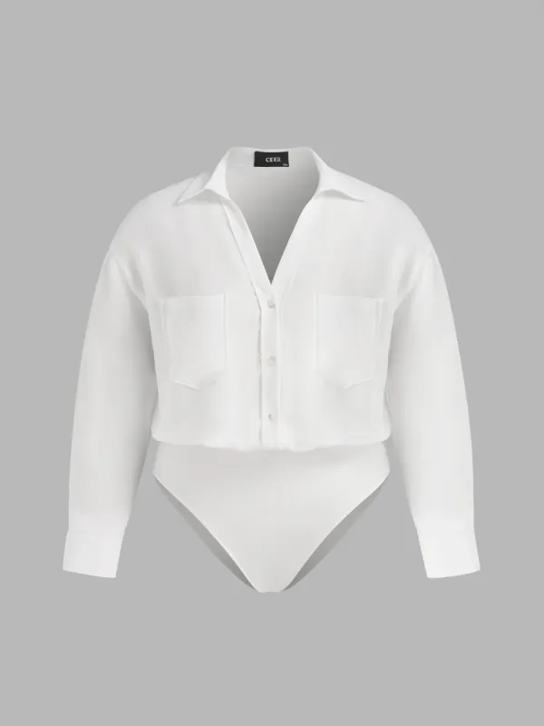 V-neck Solid Pocket Button Shirt Bodysuit Curve & Plus sold by Cider
