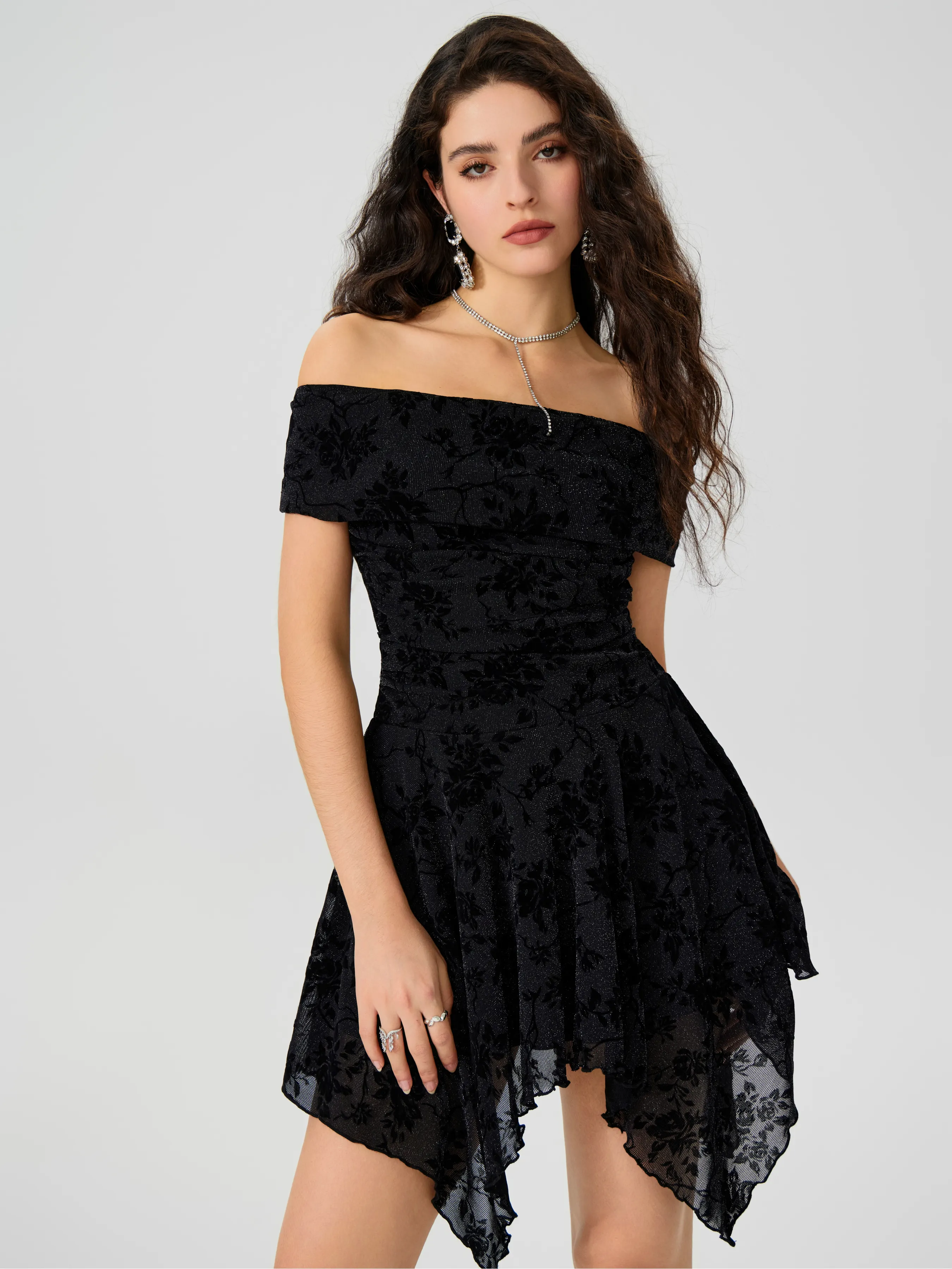 Jacquard Off-shoulder Floral Mini Dress sold by Cider