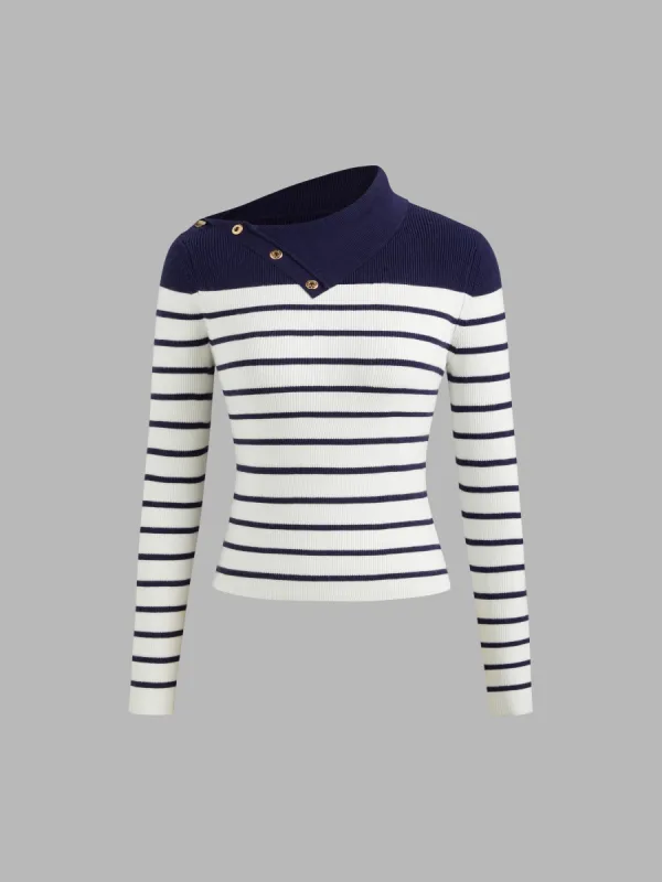 Knit High Neck Striped Button Long Sleeve Top sold by Cider