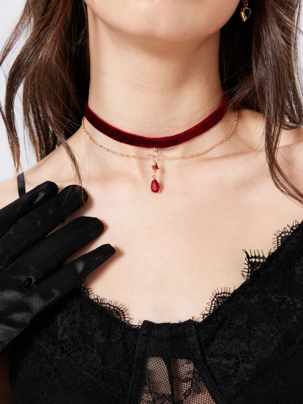 Rhinestone Velvet Layered Choker Necklace sold by Cider