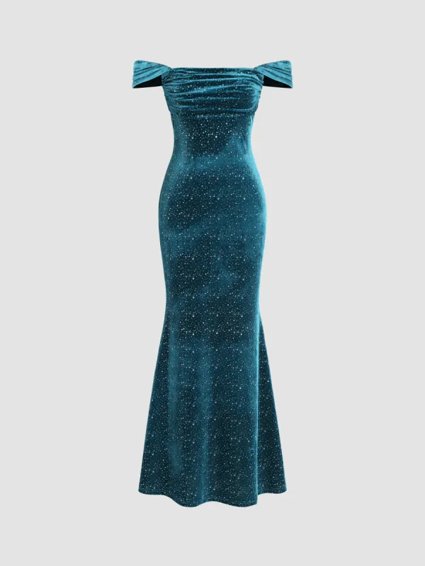 Velvet Off-shoulder Star Ruched Maxi Dress sold by Cider
