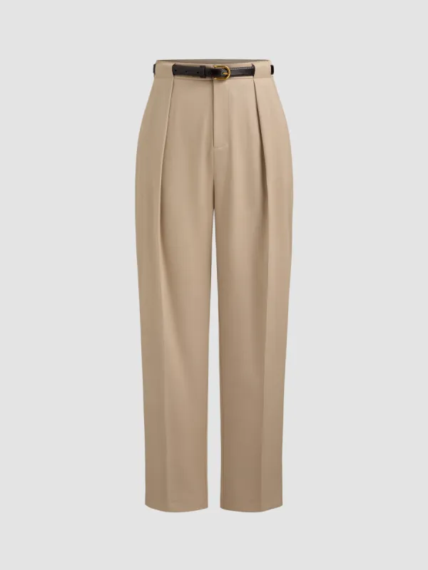 Mid Rise Solid Pleated Pocket Tapered Trousers With Belt sold by Cider