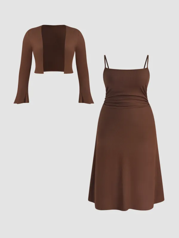 Square Neck Solid Ruffle Ruched Cami Maxi Dress & Solid Long Sleeve Shrug Set Curve & Plus sold by Cider