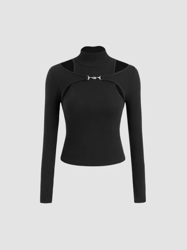 Knit High Neck Solid Cut Out Long Sleeve Tee sold by Cider