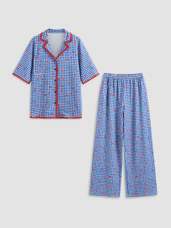 Cotton-blend Collar Gingham Cherry Pocket Short Sleeve Top & Mid Rise Wide Leg Trousers Pajama Set sold by Cider