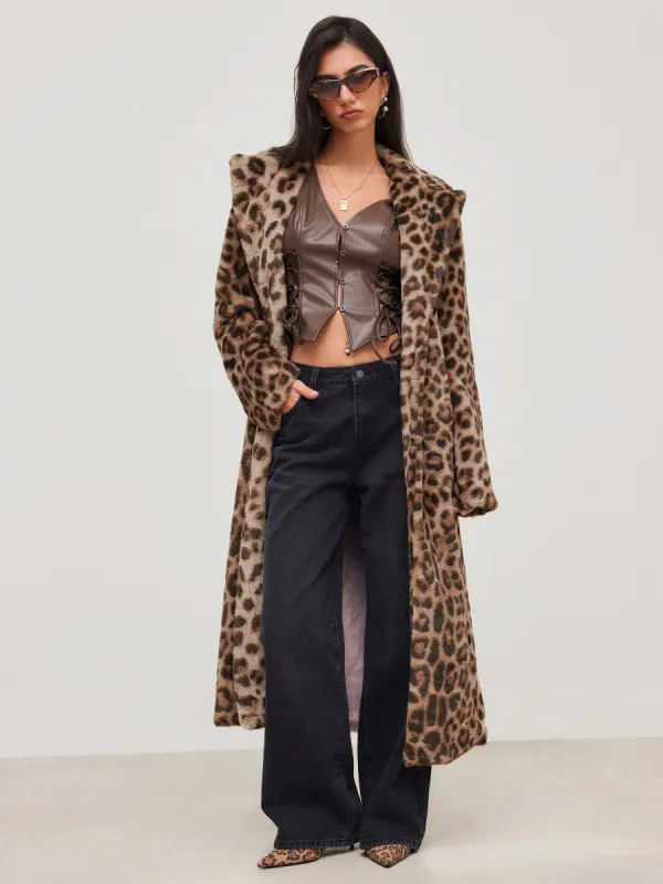 Faux Fur Collar Leopard Pocket Long Coat sold by Cider