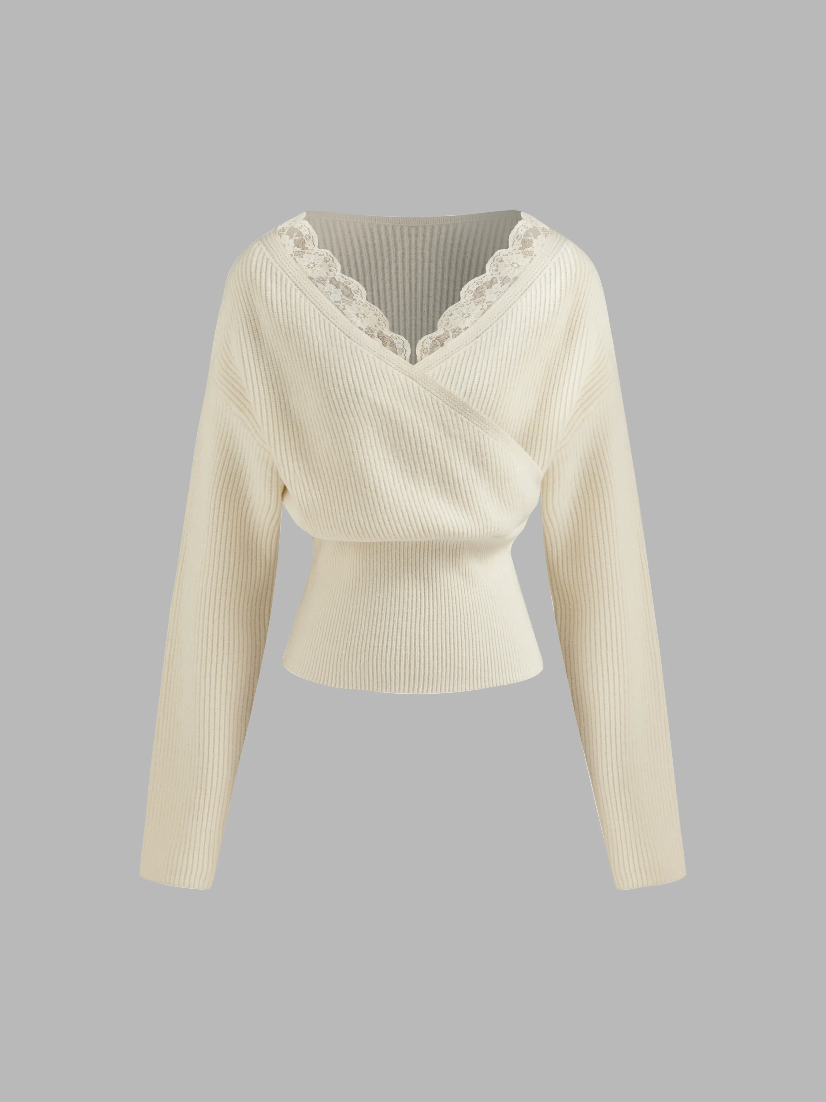 Knit V-neck Solid Lace Trim Wrap Long Sleeve Top sold by Cider