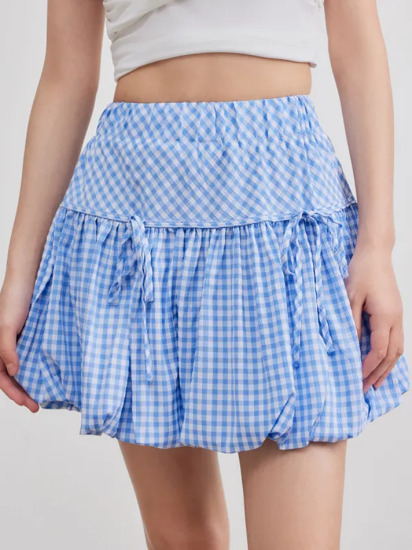 Mid Rise Gingham Bubble Hem Mini Skirt sold by Cider