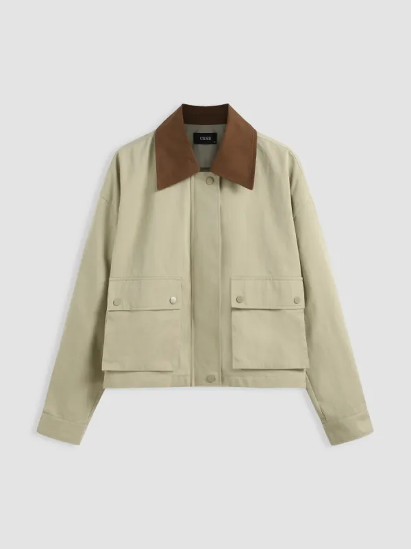 100% Cotton Collar Contrasting Binding Pocket Shacket sold by Cider