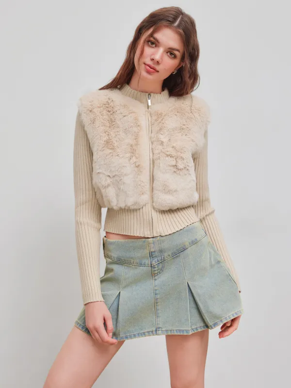 Faux Fur Zipper Bomber Cardigan With Rib Sleeve sold by Cider
