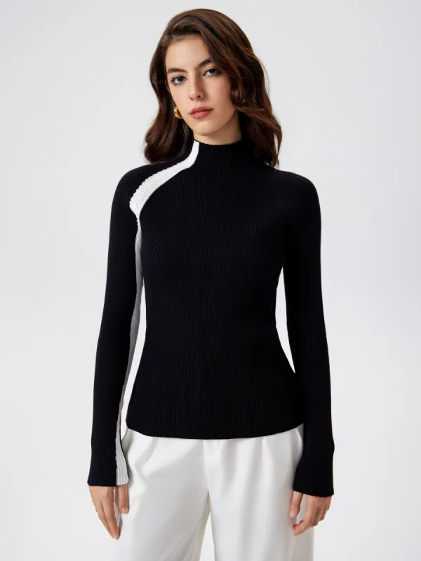 High Neck Solid Contrasting Binding Knitted Long Sleeve Top sold by Cider