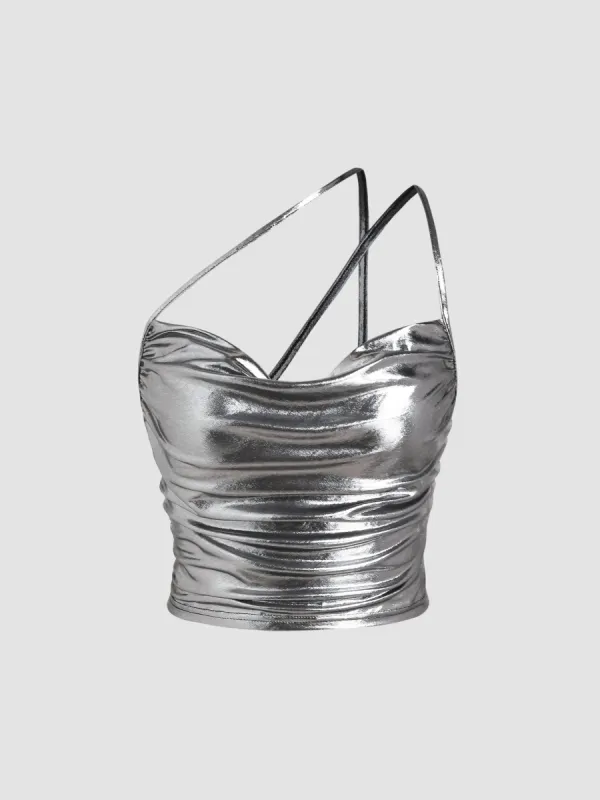 Cowl Neck Metallic Ruched Crop Top sold by Cider