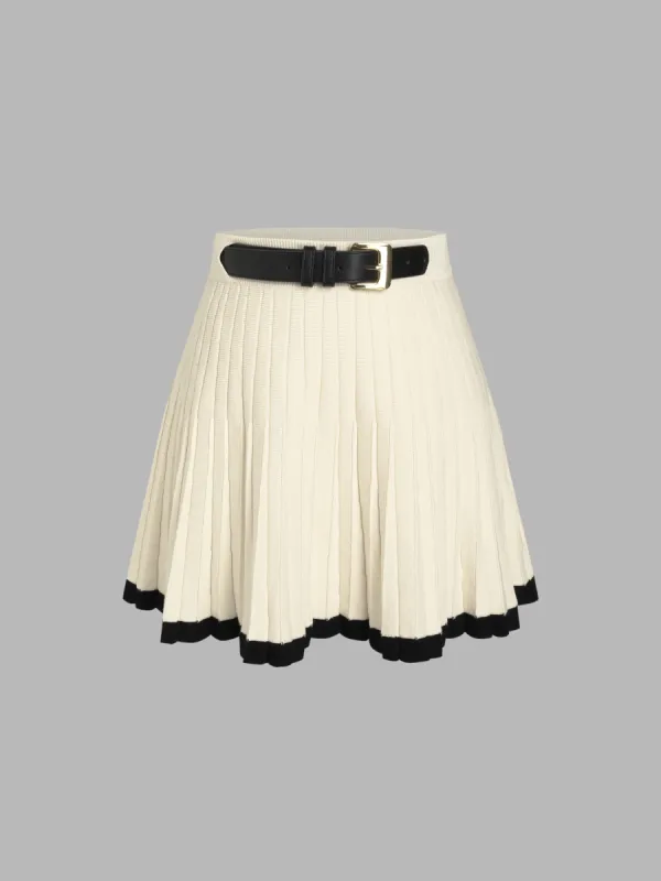Solid Knit Mid Waist Pleated Mini Skirt With Belt sold by Cider