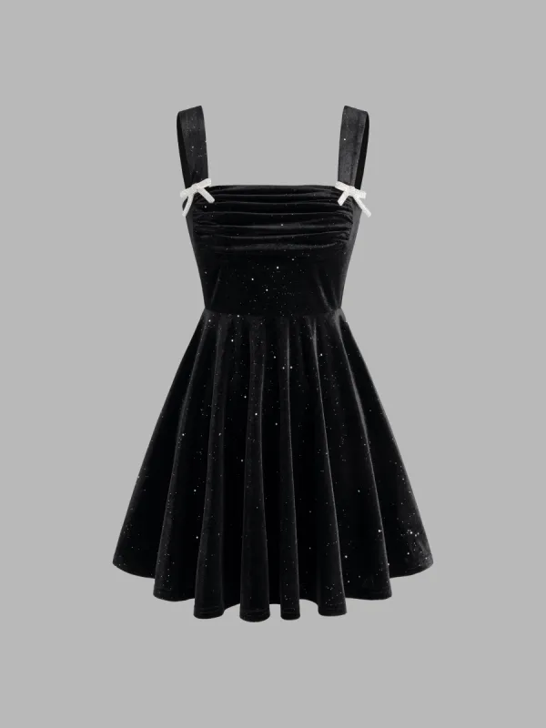 Velvet Square Neck Solid Glitter Bowknot Mini Dress sold by Cider