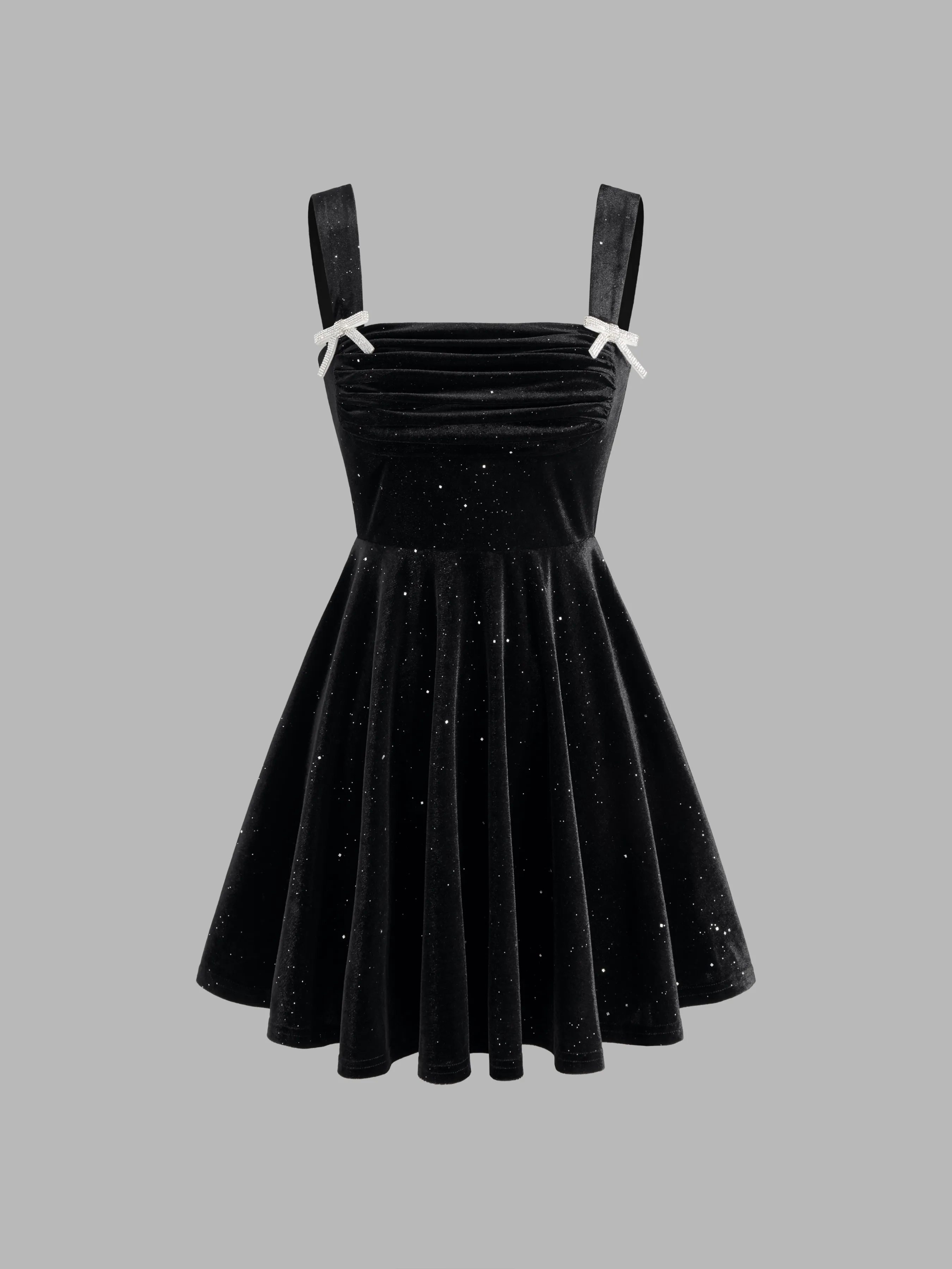 Velvet Square Neck Solid Glitter Bowknot Mini Dress sold by Cider