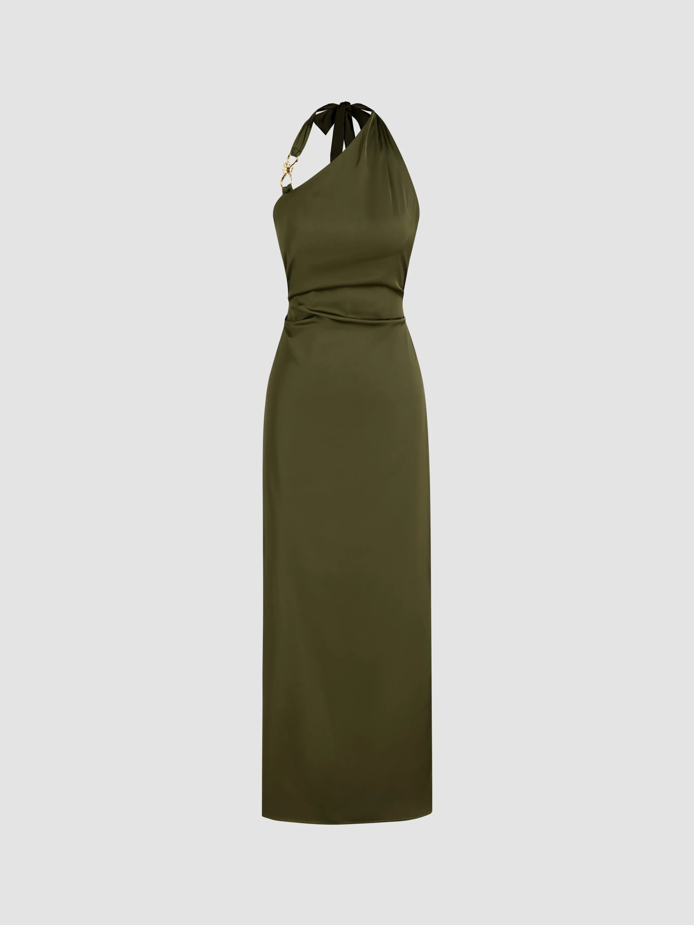 Satin Halter Neckline Solid Buckle Maxi Dress sold by Cider