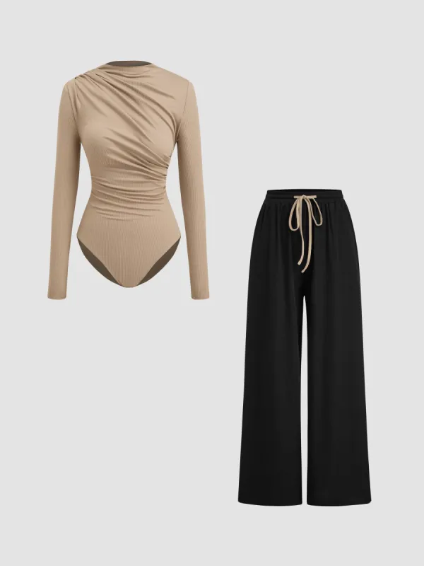 High Neck Ruched Long Sleeve Top & Mid Rise Wide Leg Trousers Set sold by Cider