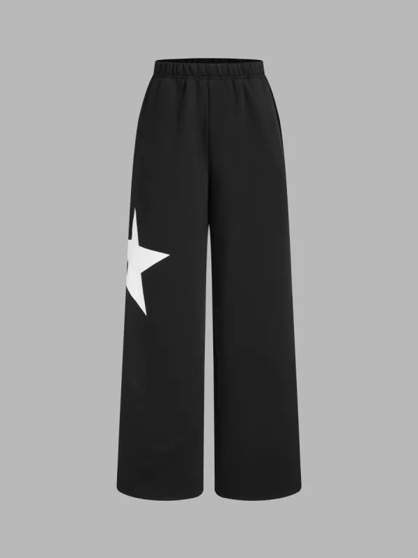 Terry Mid Rise Star Elastic Waist Pocket Wide Leg Trousers sold by Cider