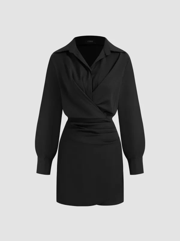 Woven Collar Solid Ruched Midi Shirt Dress sold by Cider