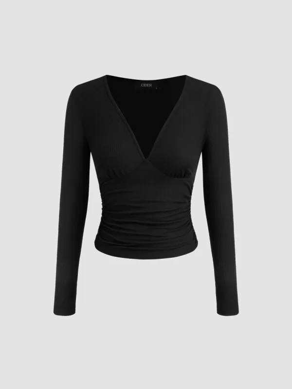 V-neck Solid Ruched Long Sleeve Tee sold by Cider