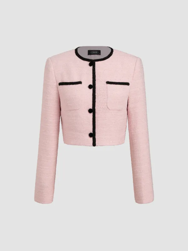 Tweed Round Neckline Contrasting Binding Pocket Button Crop Jacket sold by Cider