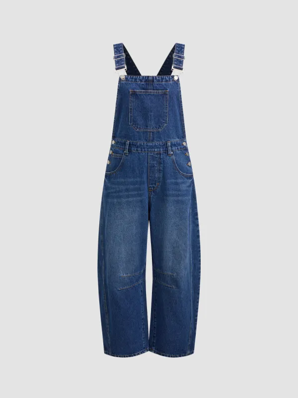 Denim Solid Buckle Pocket Barrel-leg Jumpsuit sold by Cider