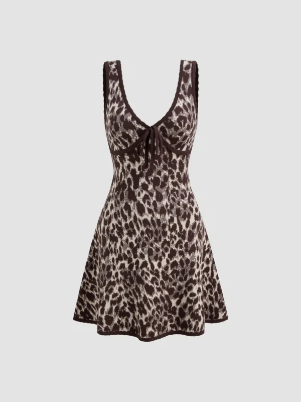 Knit V-neck Leopard Bowknot Mini Dress sold by Cider