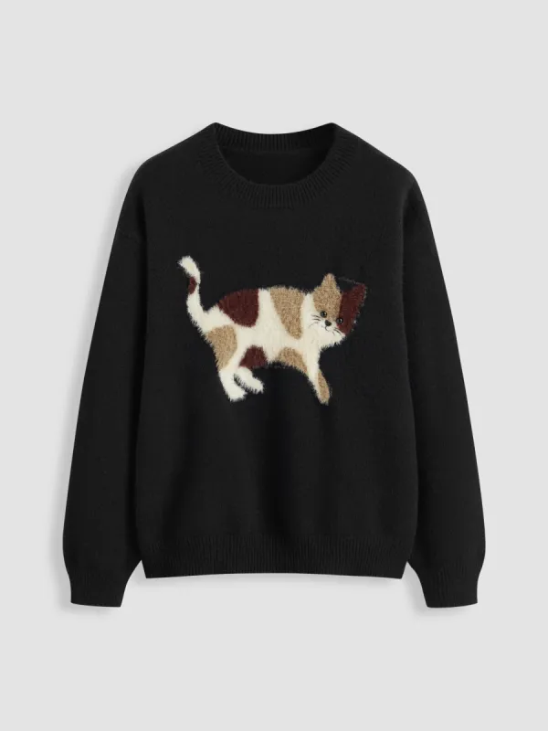 Knit Round Neckline Cat Oversized Long Sleeve Top sold by Cider